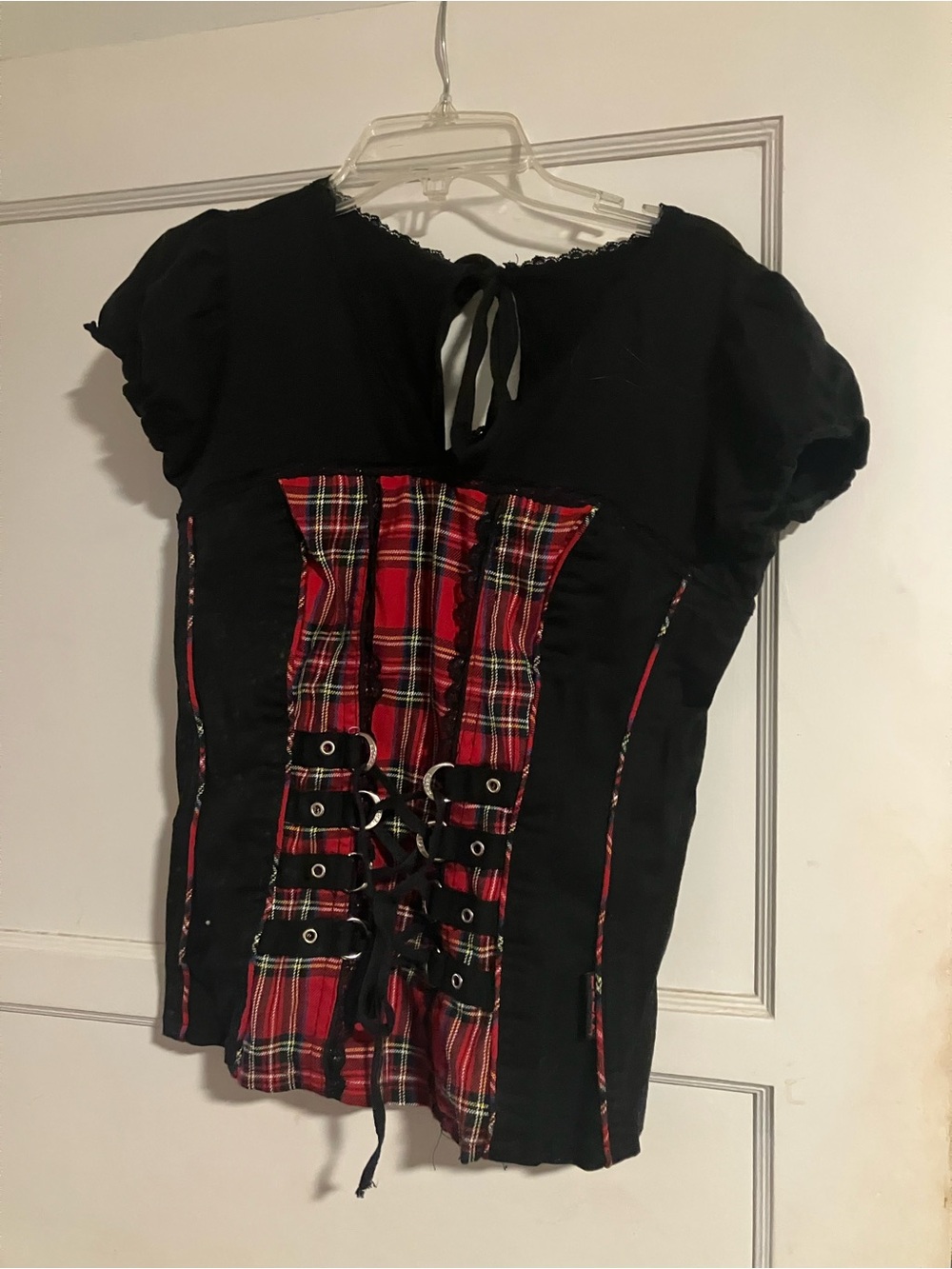 Tripp NYC Black Top with Red Tartan Panel Gothic Emo Punk Alt